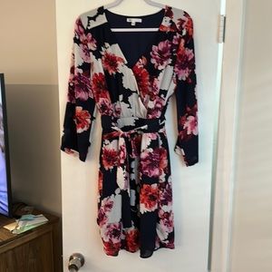 Pink navy white 3/4 sleeve floral dress with belt